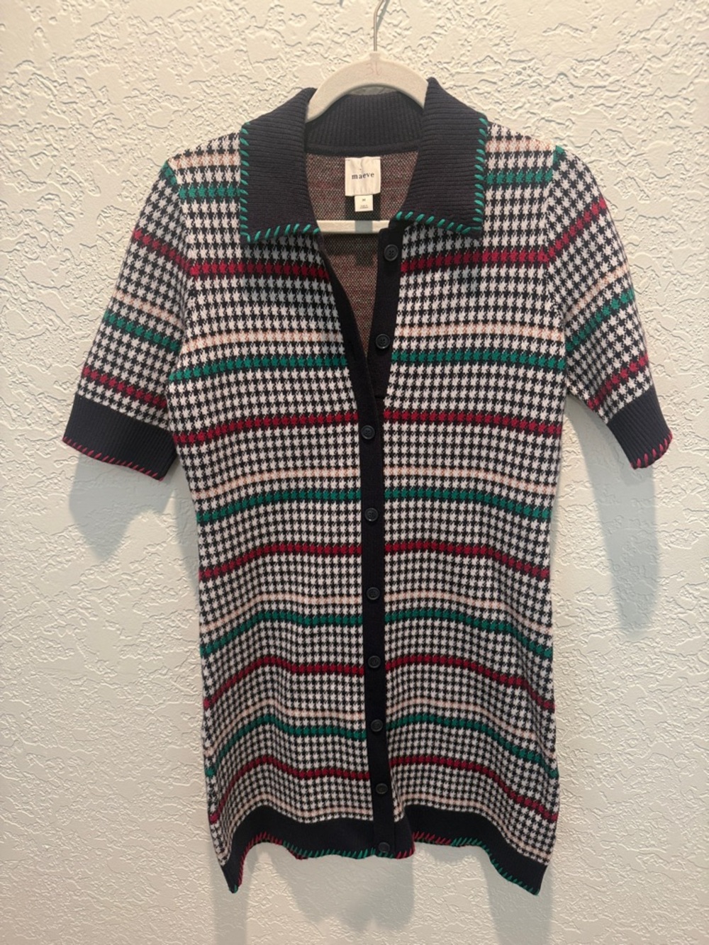 Anthropologie Maeve Navy, White, Green & Red Houndstooth Knit Button-Front Dress